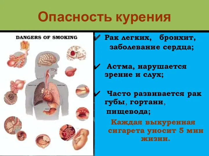 Опасность курения Рак легких, бронхит, заболевание сердца; Астма, нарушается зрение