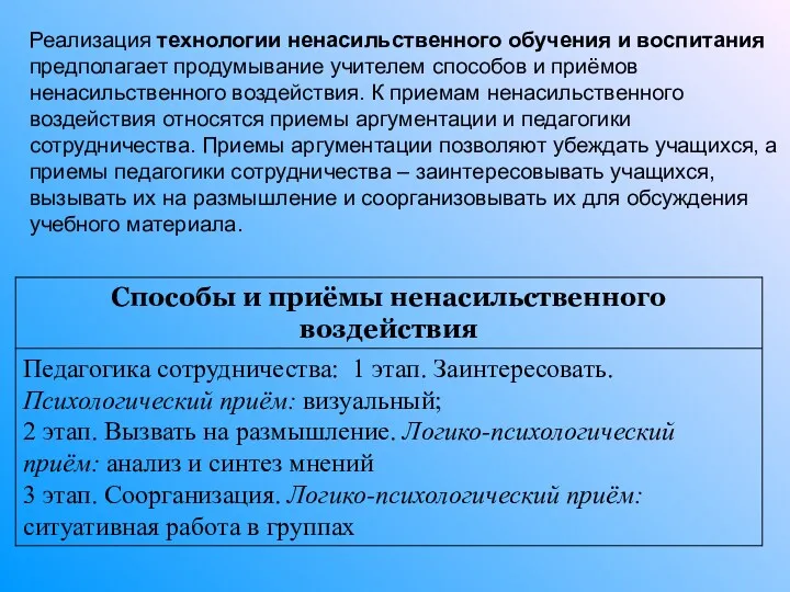 Реализация технологии ненасильственного обучения и воспитания предполагает продумывание учителем способов