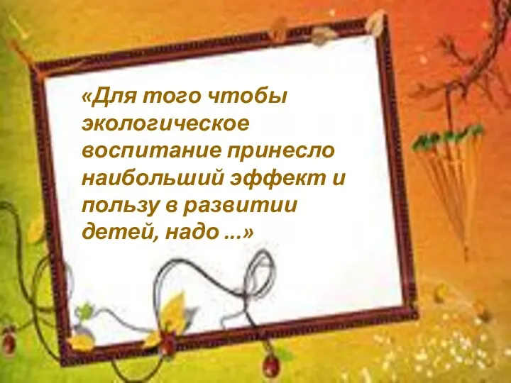 «Для того чтобы экологическое воспитание принесло наибольший эффект и пользу в развитии детей, надо ...»