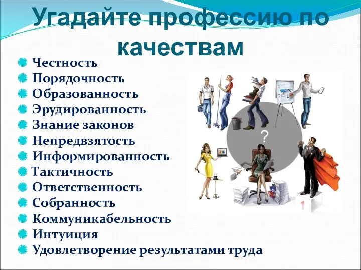 Угадайте профессию по качествам Честность Порядочность Образованность Эрудированность Знание законов