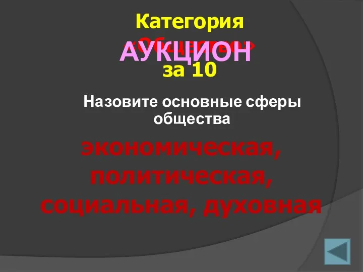 Назовите основные сферы общества Категория «Общество» за 10 экономическая, политическая, социальная, духовная АУКЦИОН