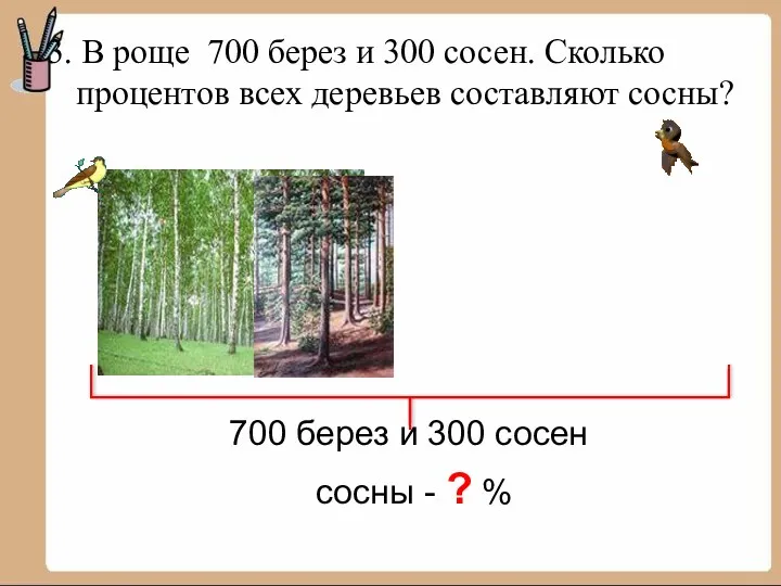 3. В роще 700 берез и 300 сосен. Сколько процентов