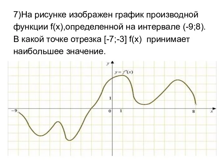 7)На рисунке изображен график производной функции f(x),определенной на интервале (-9;8).