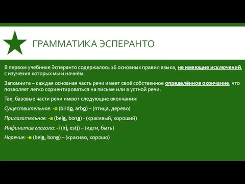 ГРАММАТИКА ЭСПЕРАНТО В первом учебнике Эсперанто содержалось 16 основных правил