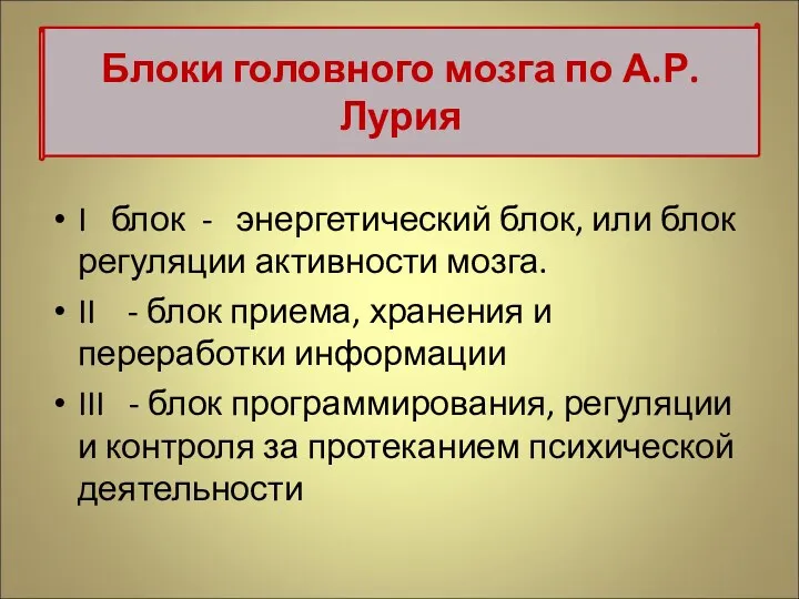 I блок - энергетический блок, или блок регуляции активности мозга. II - блок