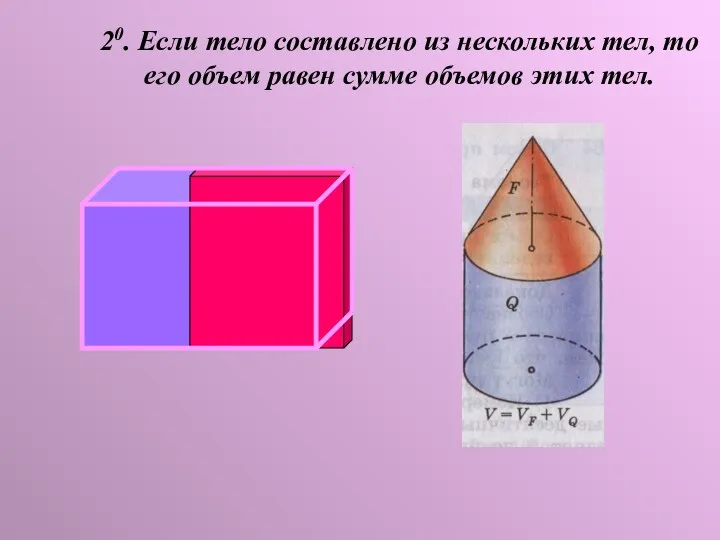 20. Если тело составлено из нескольких тел, то его объем равен сумме объемов этих тел.