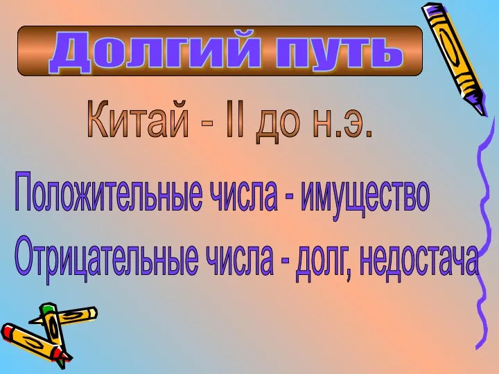 Положительные числа - имущество Отрицательные числа - долг, недостача Долгий путь Китай - II до н.э.