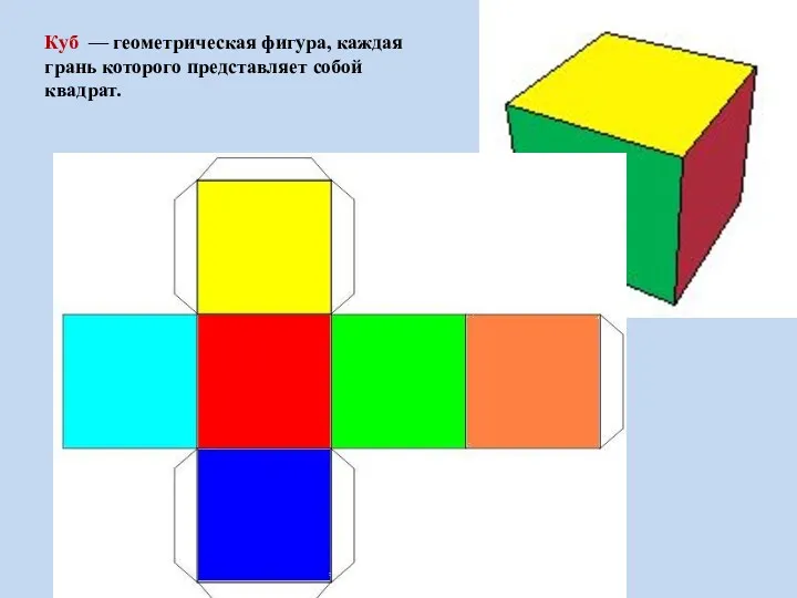 Куб — геометрическая фигура, каждая грань которого представляет собой квадрат.