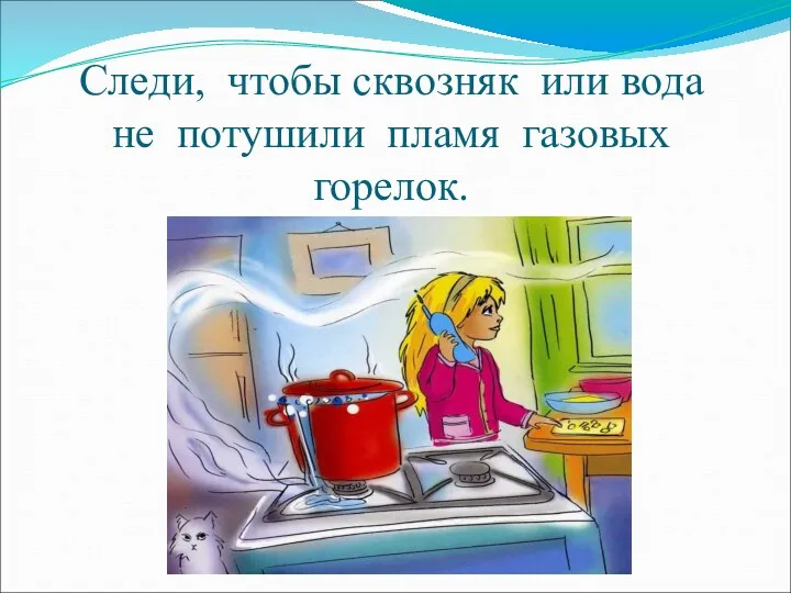 Следи, чтобы сквозняк или вода не потушили пламя газовых горелок.