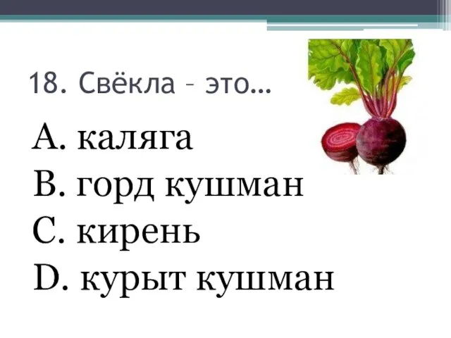 18. Свёкла – это… А. каляга В. горд кушман С. кирень D. курыт кушман