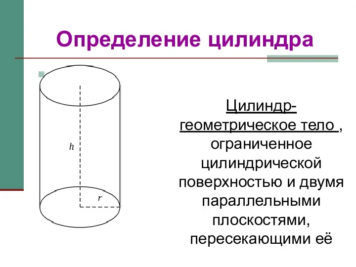 Определение цилиндра Цилиндр-геометрическое тело , ограниченное цилиндрической поверхностью и двумя параллельными плоскостями, пересекающими её