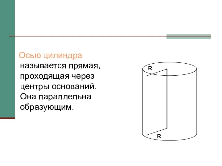 Осью цилиндра называется прямая, проходящая через центры оснований. Она параллельна образующим. R R