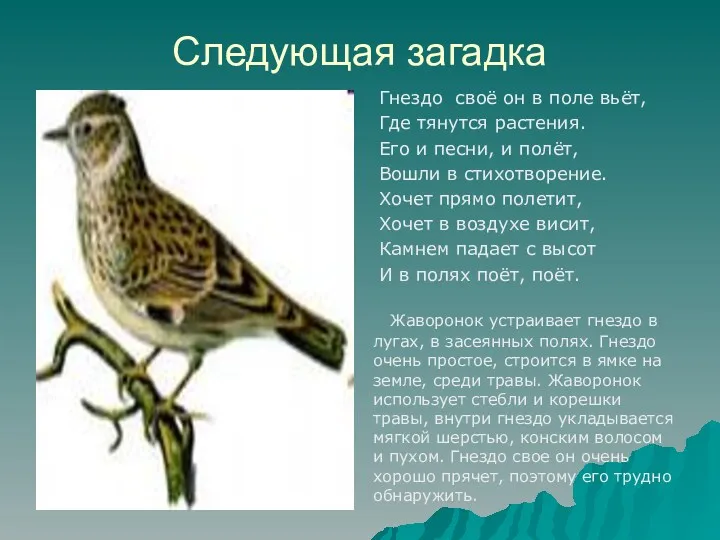 Следующая загадка Гнездо своё он в поле вьёт, Где тянутся