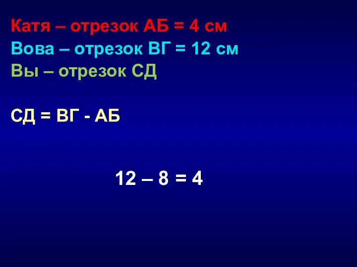 Катя – отрезок АБ = 4 см Вова – отрезок