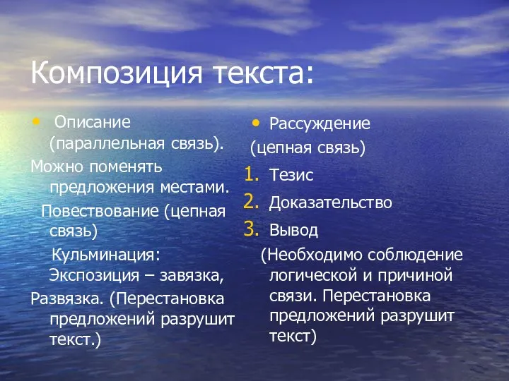 Композиция текста: Описание (параллельная связь). Можно поменять предложения местами. Повествование