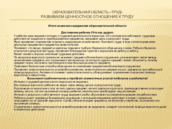 ОБРАЗОВАТЕЛЬНАЯ ОБЛАСТЬ «ТРУД» Развиваем ценностное отношение к труду Итоги освоения содержания образовательной области