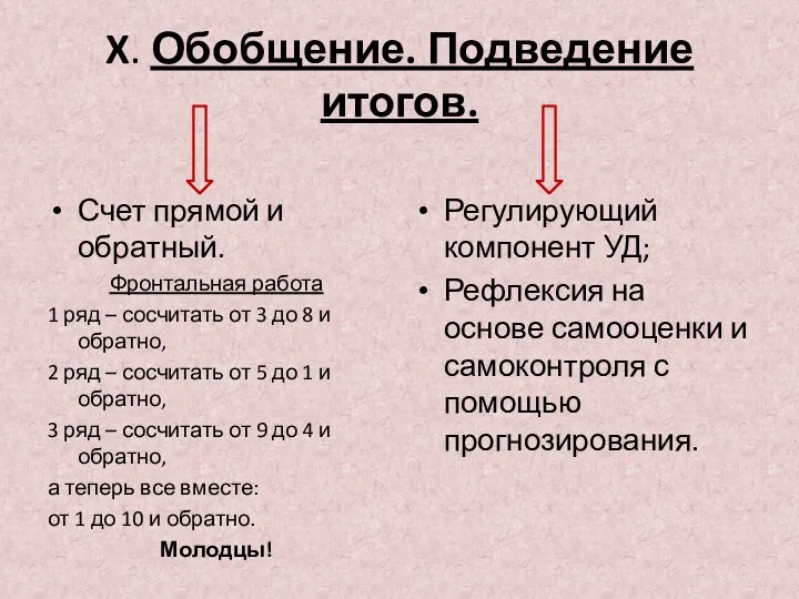 X. Обобщение. Подведение итогов. Счет прямой и обратный. Фронтальная работа