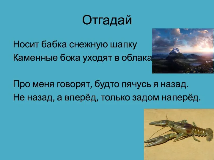 Отгадай Носит бабка снежную шапку Каменные бока уходят в облака.