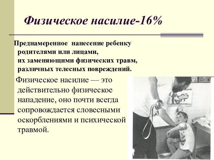 Физическое насилие-16% Преднамеренное нанесение ребенку родителями или лицами, их заменяющими