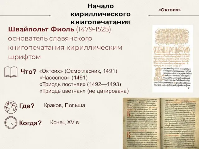 Начало кириллического книгопечатания Швайпольт Фиоль (1479-1525) основатель славянского книгопечатания кириллическим