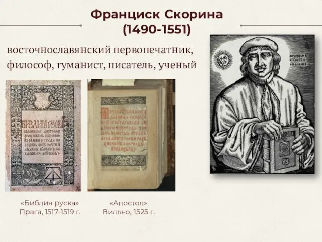 Франциск Скорина (1490-1551) восточнославянский первопечатник, философ, гуманист, писатель, ученый «Библия