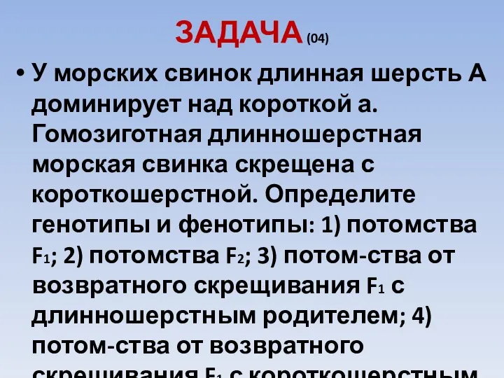 ЗАДАЧА (04) У морских свинок длинная шерсть А доминирует над короткой а. Гомозиготная