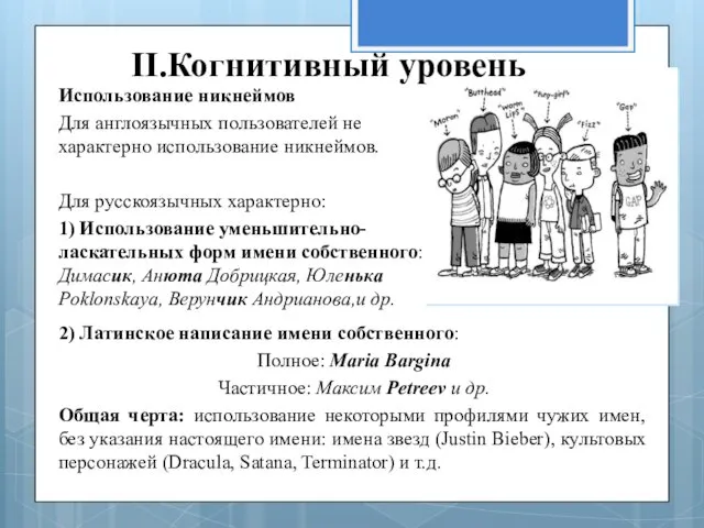 II.Когнитивный уровень 2) Латинское написание имени собственного: Полное: Maria Bargina Частичное: Максим Petreev