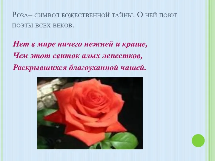 Роза– символ божественной тайны. О ней поют поэты всех веков.