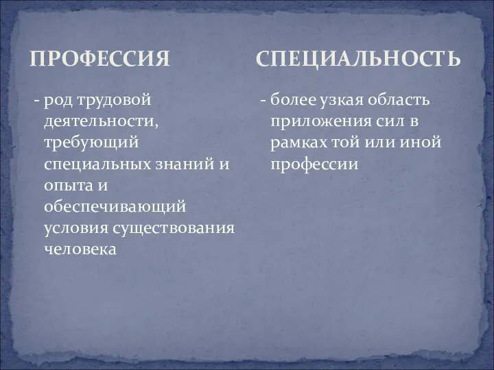 ПРОФЕССИЯ - род трудовой деятельности, требующий специальных знаний и опыта