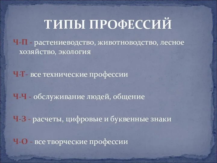 Ч-П - растениеводство, животноводство, лесное хозяйство, экология Ч-Т- все технические