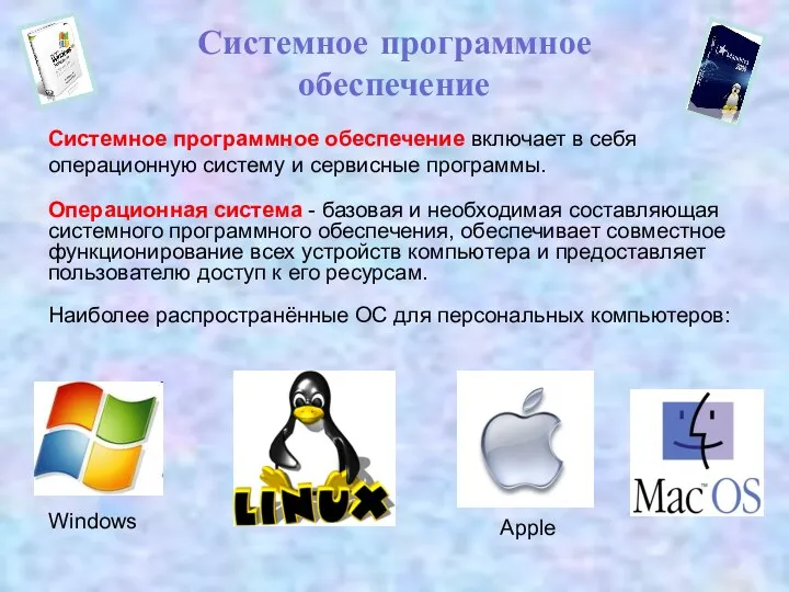 Системное программное обеспечение включает в себя операционную систему и сервисные программы. Операционная система