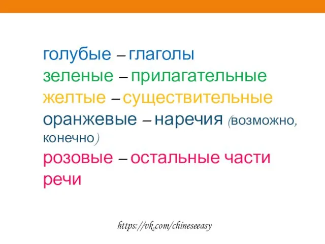 голубые – глаголы зеленые – прилагательные желтые – существительные оранжевые