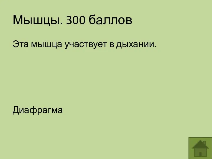 Мышцы. 300 баллов Эта мышца участвует в дыхании. Диафрагма