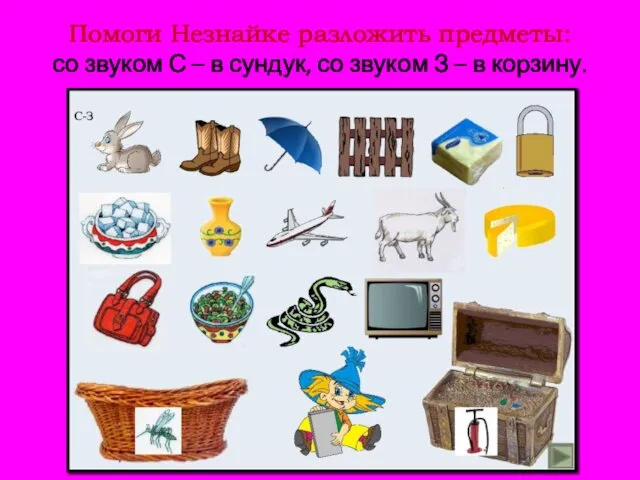 Помоги Незнайке разложить предметы: со звуком С – в сундук, со звуком З – в корзину.