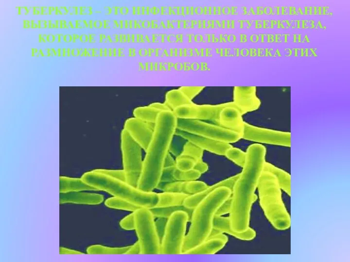 Туберкулез – это инфекционное заболевание, вызываемое микобактериями туберкулеза, которое развивается только в ответ