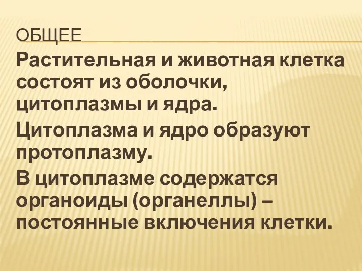 общее Растительная и животная клетка состоят из оболочки, цитоплазмы и