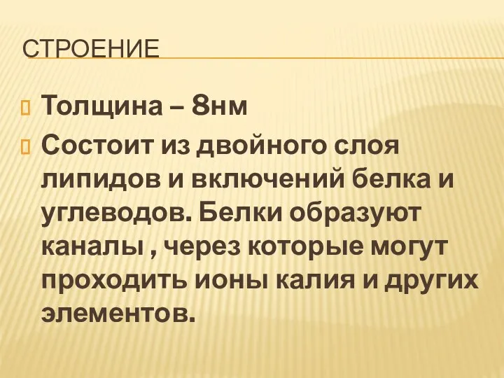 строение Толщина – 8нм Состоит из двойного слоя липидов и