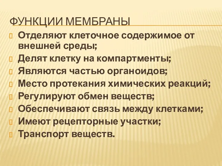 Функции мембраны Отделяют клеточное содержимое от внешней среды; Делят клетку