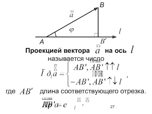B A Проекцией вектора на ось называется число , где длина соответствующего отрезка.
