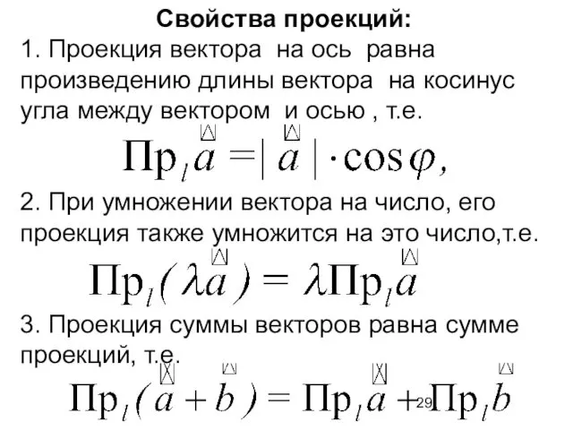 Свойства проекций: 1. Проекция вектора на ось равна произведению длины