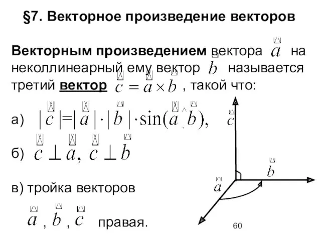 §7. Векторное произведение векторов Векторным произведением вектора на неколлинеарный ему