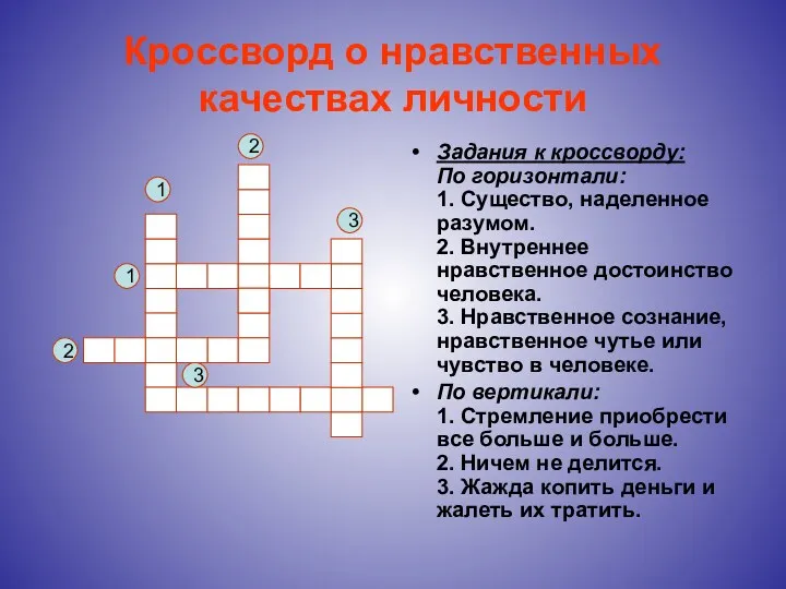 Кроссворд о нравственных качествах личности Задания к кроссворду: По горизонтали: