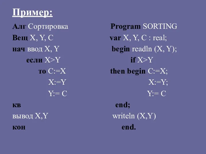 Пример: Алг Сортировка Program SORTING Вещ X, Y, С var