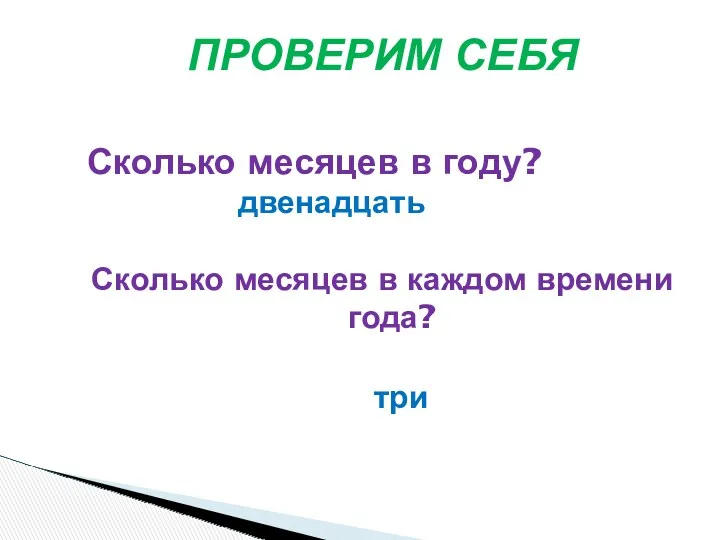 Сколько месяцев в году? Сколько месяцев в каждом времени года? ПРОВЕРИМ СЕБЯ двенадцать три