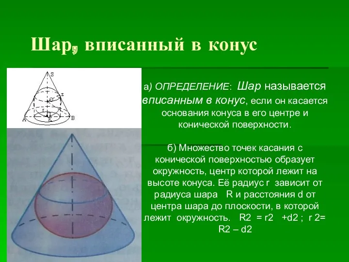 Шар, вписанный в конус а) ОПРЕДЕЛЕНИЕ: Шар называется вписанным в