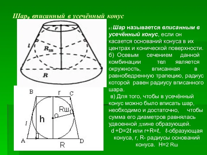 Шар, вписанный в усечённый конус а) Шар называется вписанным в