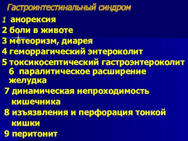 Гастроинтестинальный синдром 1 анорексия 2 боли в животе 3 метеоризм,