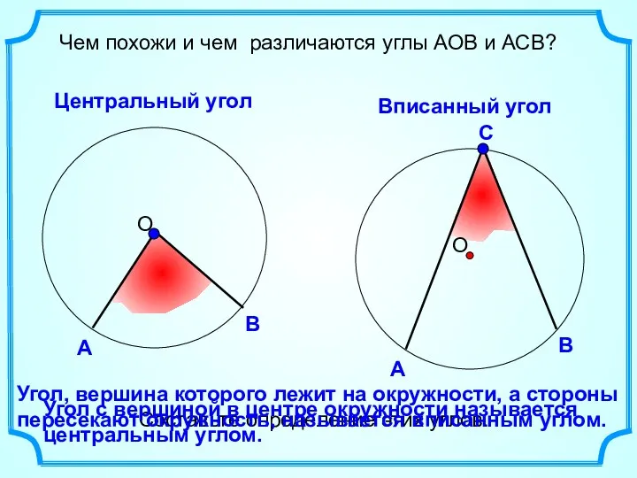 Чем похожи и чем различаются углы АОВ и АСВ? Центральный угол Вписанный угол