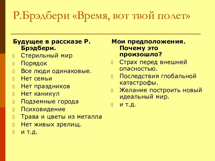 Будущее в рассказе Р.Брэдбери. Стерильный мир Порядок Все люди одинаковые.