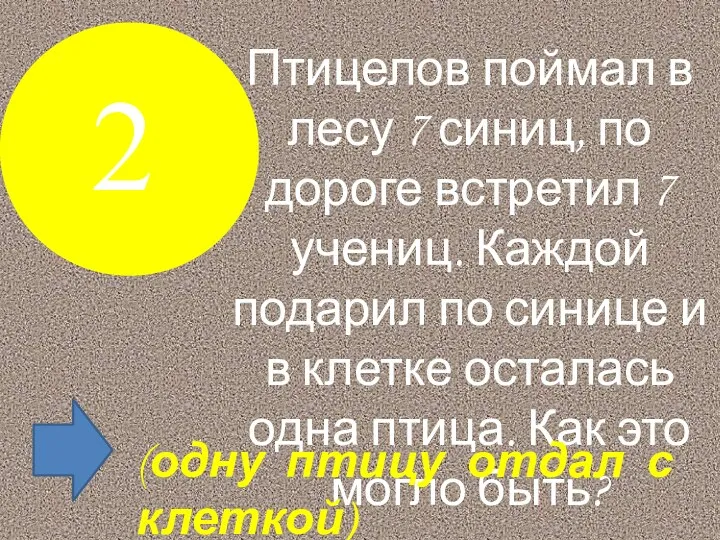 Птицелов поймал в лесу 7 синиц, по дороге встретил 7 учениц. Каждой подарил